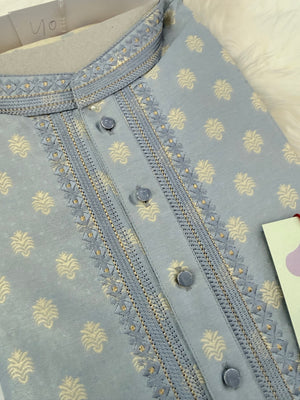 Men's Gray Jacquard Silk Kurta Pajama Set | Gold Floral Motifs | Indian Wedding, Eid & Diwali Festive Wear, KP-4086