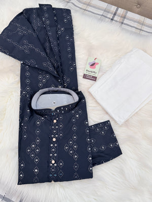 Men’s Navy Blue Embroidered Kurta Pajama Set with Sequins Work, Indian Ethnic Wear for Wedding & Festival, KPS-3014