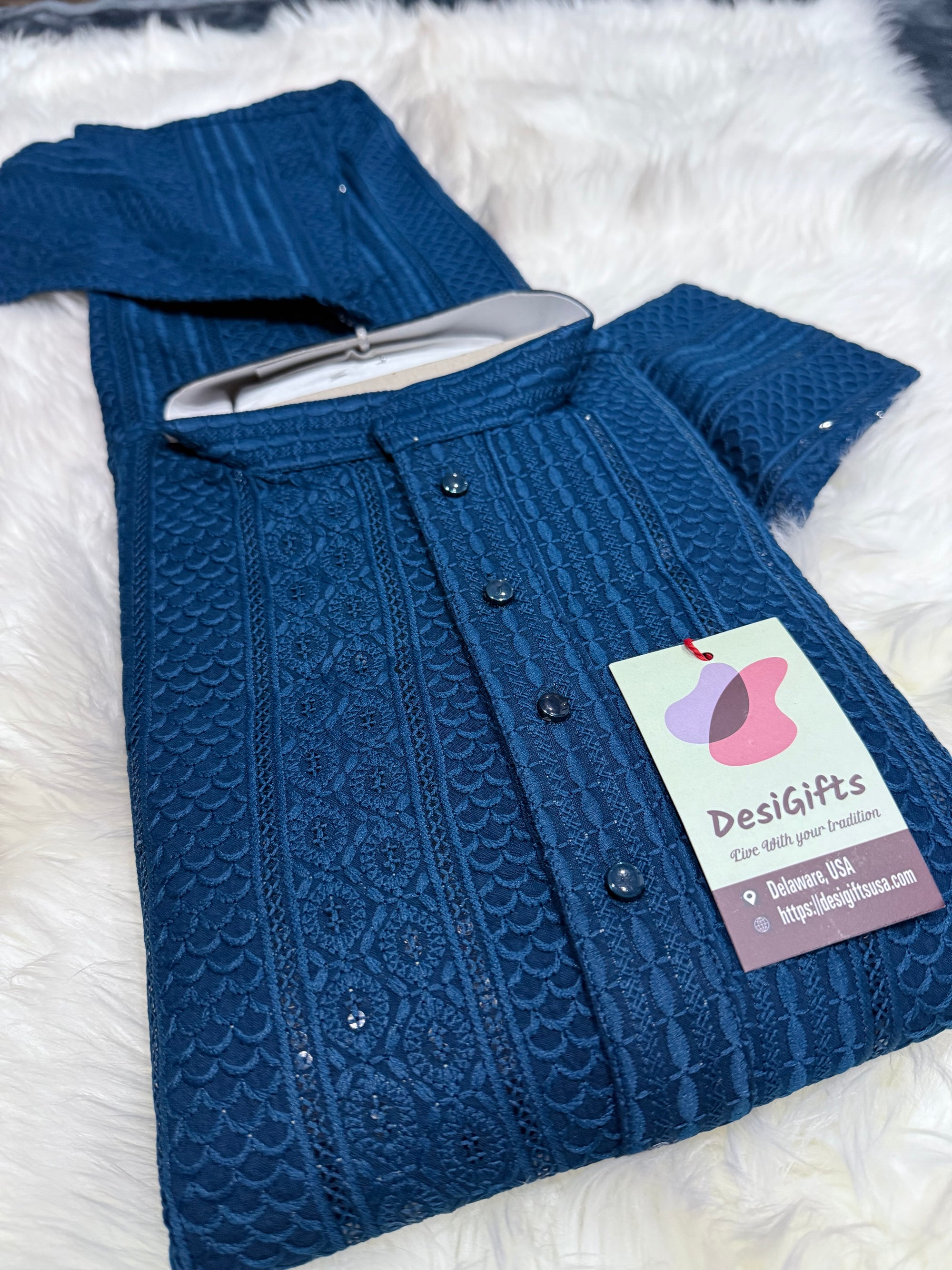 Exquisite Chikankari Sequins 2 Piece Kurta Pajama Set for Man, Teal Blue Shade, Embroidered Party Man's Wear, KP - 1941