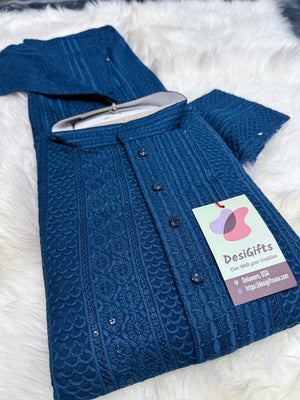 Exquisite Chikankari Sequins 2 Piece Kurta Pajama Set for Man, Teal Blue Shade, Embroidered Party Man's Wear, KP - 1941