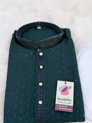 Green Shade Chikankari Embroidery with Sequins 2 Piece Viscose Rayon Kurta Pajama Set, Indian Partywear Kurta SetKP-1978