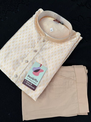 Soft Cream with Subtle Gold Motifs Kurta with Beige Trouser, 2 Piece Jacquard Silk Kurta Pajama Set, Man -2046