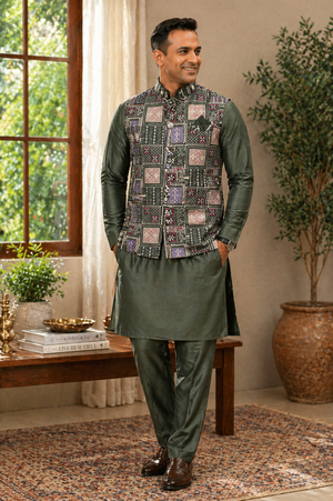 Stylish Men’s 3-Piece Olive Green Shade Kurta Pajama with Embroidered Sequins Jacket, Silk Ethnic Wear for Wedding & Festive, KPJ-2034