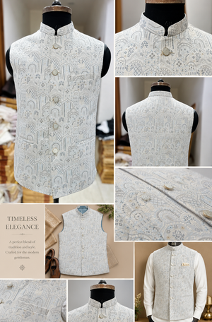 Men’s Designer Jacket – Premium Festive & Wedding Waistcoat, Self Woven Silk Indian Sadri, Stylish Ethnic Jacket, J-2081