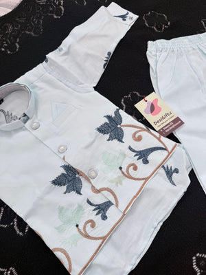 Boys Sky Blue Kurta Pajama with Embroidered Nehru Jacket | 3-Piece Indian Ethnic Outfit – Festive Ethnic Wear,- Design B-4035