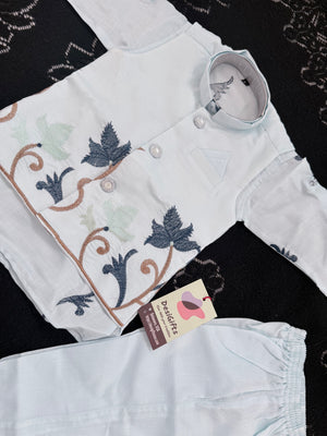 Boys Sky Blue Kurta Pajama with Embroidered Nehru Jacket | 3-Piece Indian Ethnic Outfit – Festive Ethnic Wear,- Design B-4035