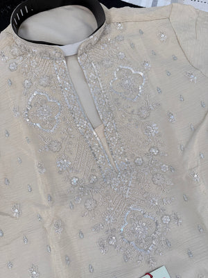 Men’s Champagne Beige Embroidered Kurta with with Parallel Pants | Textured Silk Blend Wedding Kurta Pajama Set | Festive Indian Ethnic Wear, KP - 4046
