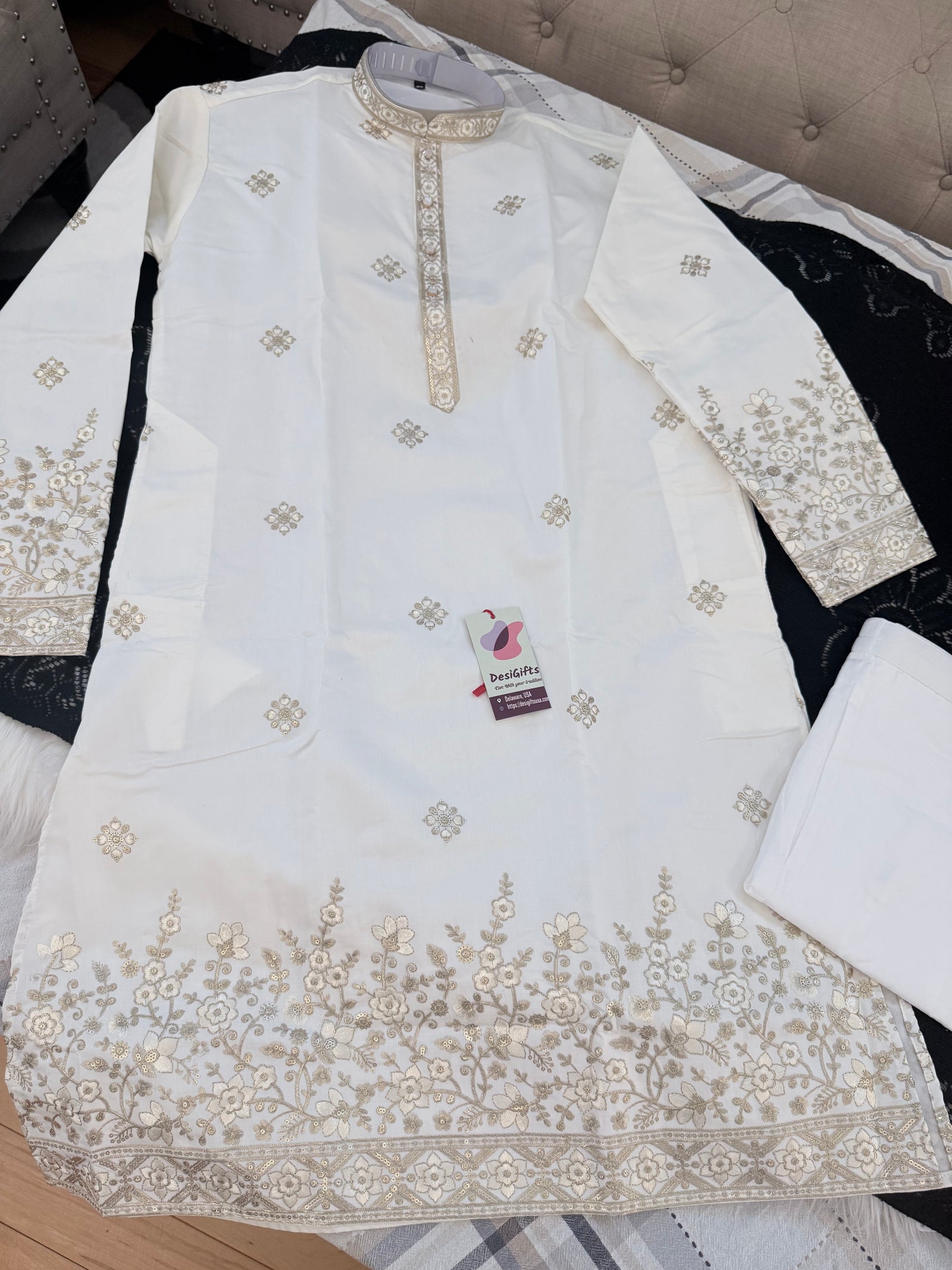 Men’s Ivory Embroidered Kurta Trouser Set | Trendy Kurta Pajama Set with Gold Embroidery | Wedding & Festive Wear, KP - 4027