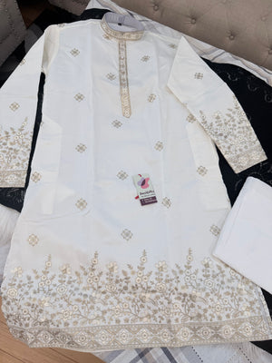 Men’s Ivory Embroidered Kurta Trouser Set | Trendy Kurta Pajama Set with Gold Embroidery | Wedding & Festive Wear, KP - 4027