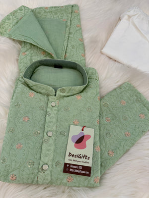 Pre-Teen and Teen Boy's Chikankari Embroidered Rayon Kurta Pajama with Sequins , Green Shade, - BOY-2001
