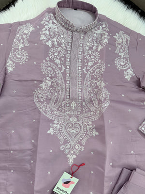 Lavender Shade Trendy Kurta Pajama for Men with Intricate White Embroidery, Wedding & Festive Indian Outfit, KP-1417