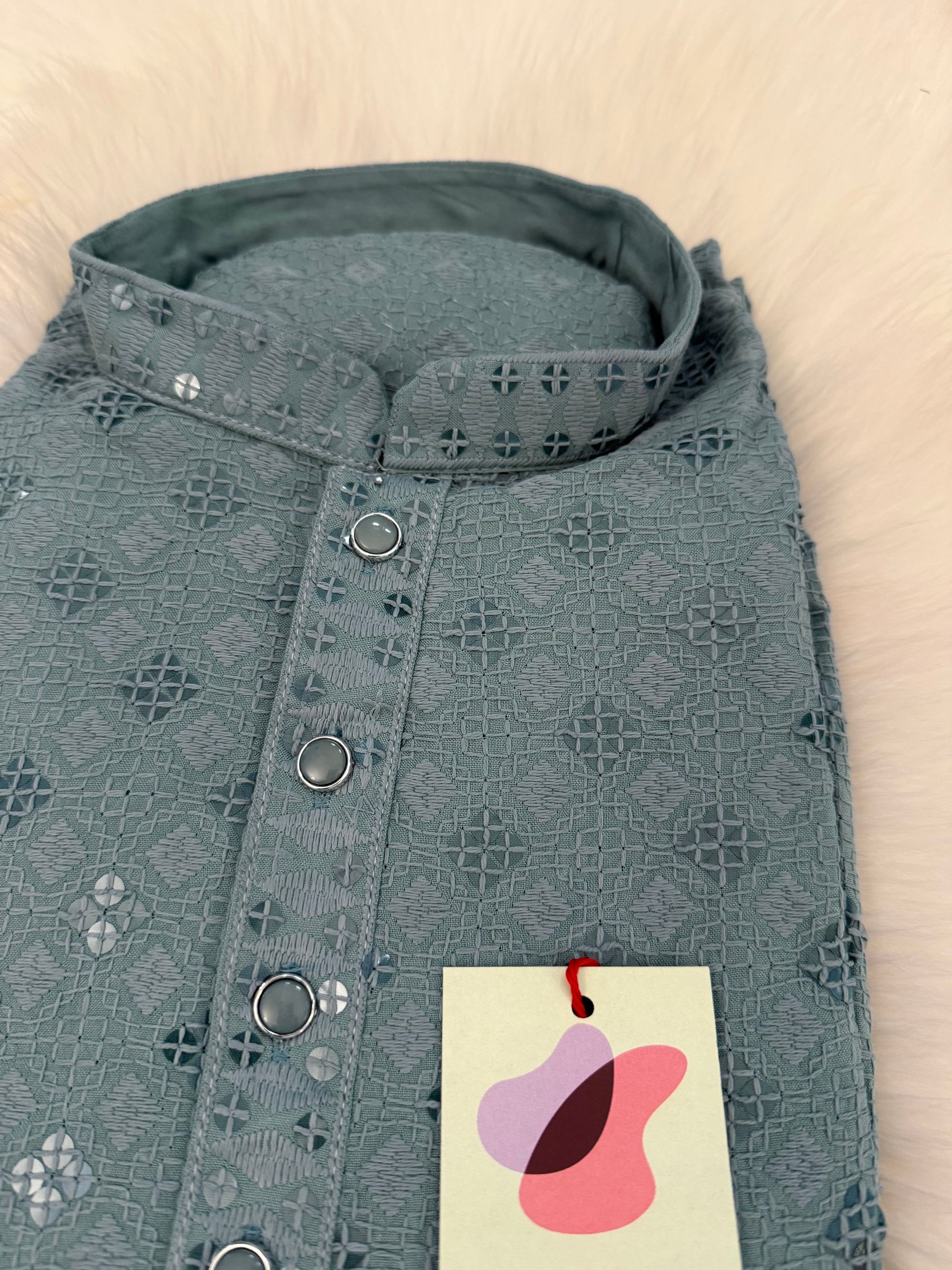 Gray Chikankari Shirt-Style Short Kurta with Sequins – Ethnic Casual Kurta SK - 1933