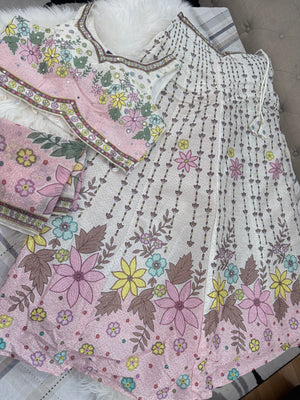 Women’s Ivory & Blush Pink Floral Print Lehenga Choli with Dupatta – Sequin Embellished Indian Wedding Festive Outfit, LHG-4014