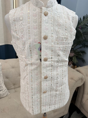 Festive White Ethnic Jacket for Men – Pastel Thread Embroidery with Sequins – Heavy Thread Work Wedding Waistcoat | J-3032