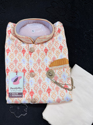 Men's Kurta Pajama with Jacket | Yellow Kurta with Printed Jacket Set for Indian Weddings, Festivals | Silk 3-Piece Outfit | KPJ-2054