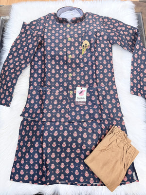 Men's Navy Kurta Pajama with Jacket | Designer Motif Ethnic Wear for Indian Weddings &amp; Festivals | Premium Silk 3-Piece Outfit | KPJ-2053