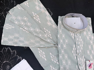 Men’s Sage Green Embroidered Kurta Pajama Set | White Thread & Sequin Work | Traditional Indian Wedding & Festive Wear, KPS-4028