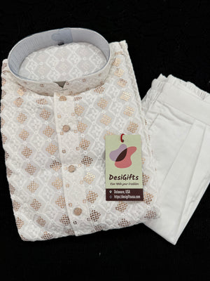 Cream Shade Men's Kurta Pajama set with Embroidery and Sequins. Two-piece Indian traditional outfit., KP - 2027