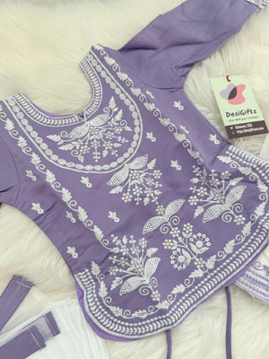 Baby Girls Lavender Embroidered Sharara Suit Set with Dupatta, White Thread Work Ethnic Outfit, GRL-2093