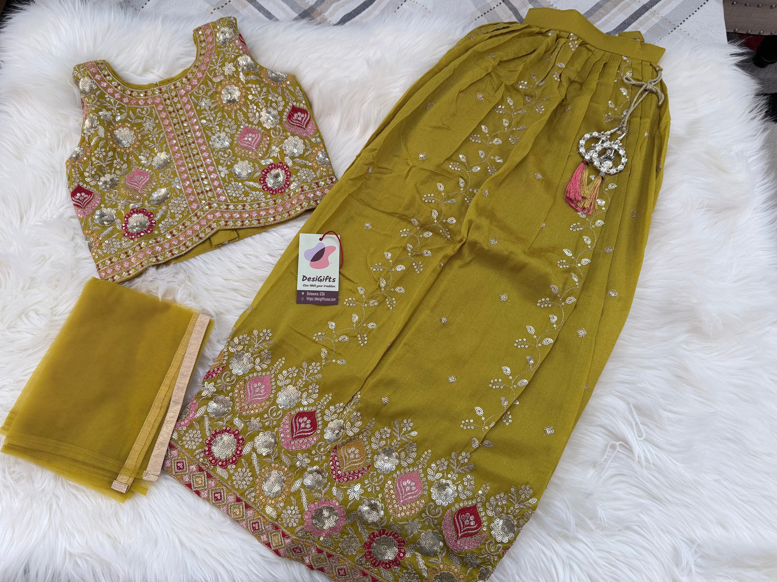 Girls Mustard  Yellow Zari Embroidered Lehenga Choli Set with Dupatta, Traditional Indian Ethnic Wear for Kids, Wedding & Festival Outfit, GRL-3070