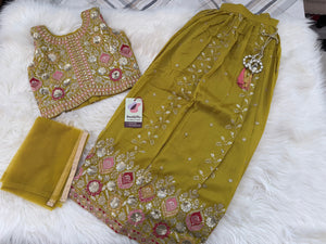 Girls Mustard  Yellow Zari Embroidered Lehenga Choli Set with Dupatta, Traditional Indian Ethnic Wear for Kids, Wedding & Festival Outfit, GRL-3070