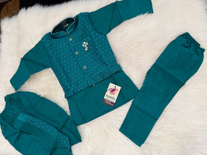 Boys Teal Green Kurta Set with Textured Jacket, Dhoti & Pajama Options – Festive Ethnic Wear,- Design B-2024