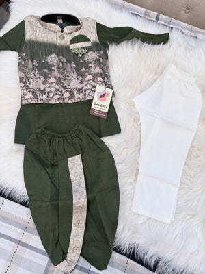 Boys Pine Green Kurta Pajama Set with Floral Design Jacket | Dhoti and Pajama | Indian Wedding Festive Ethnic Wear for Kids, B-4057