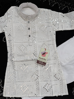 Boys’ Rayon Embroidery White Kurta Pajama Set with Sequins Work, Designer Ethnic Outfit for Kids Festive and Wedding Wear – BOY-2086