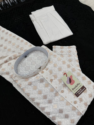 Cream Shade Men's Kurta Pajama set with Embroidery and Sequins. Two-piece Indian traditional outfit., KP - 2027