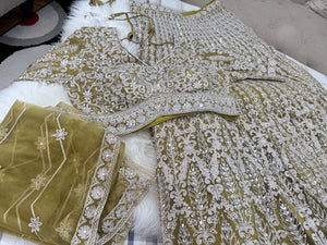 Women’s Olive Green Heavy Embroidered Lehenga Choli with Dupatta – Sequin & Stone Work Indian Wedding Bridal Festive Outfit, LHG-4015