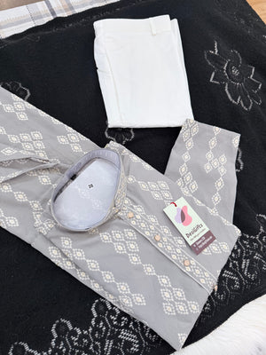 Men’s Ash Gray Embroidered Kurta Pajama Set with Sequins Work, Indian Ethnic Wear for Wedding & Festival, KPS-3010