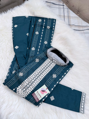 Men’s Mirror Work Embroidered Kurta Pajama Set | Teal Green or Deep Purple Embroidered Indian Wedding Kurta with White Pants, KP - 3063-64