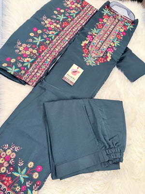 Graceful Navy Blue Embroidered Soft Silk Kurta Pajama Set for for Man, Festive Wedding Kurta Pajama with Dupatta , KP - 2035