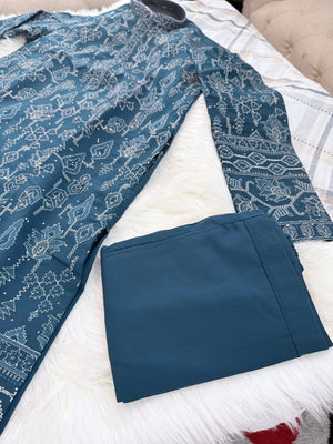 Men’s Deep Teal Blue with Silver Embroidered Kurta Pajama Set with Sequin Accents | Chikankari-Style Wedding & Festive Indian Outfit, KP- 3060
