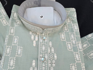 Men’s Sage Green Embroidered Kurta Pajama Set | White Thread & Sequin Work | Traditional Indian Wedding & Festive Wear, KPS-4028