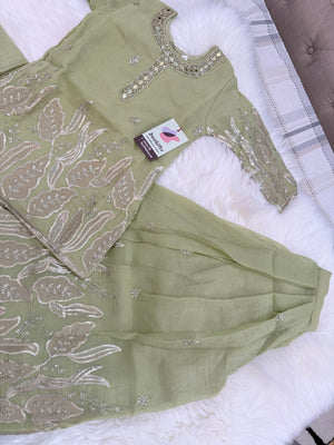 Girls’ Sage Green Kurta Palazzo Set with Sequins Work – Festive Ethnic Wear, GRL-2098