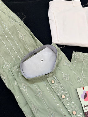 Men’s Pista Green Embroidered Kurta Pajama Set with Sequins Work, Indian Ethnic Wear for Wedding & Festival, KPS-3013