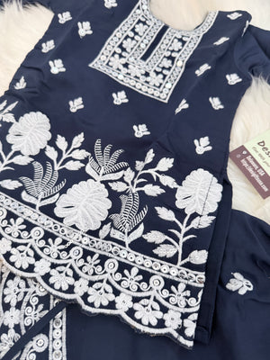 Girls Navy Blue Embroidered Sharara Suit Set with Dupatta, White Thread Work Ethnic Outfit for Kids, Party & Festival Wear, GRL-3001