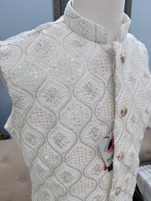 Luxury Cream Bead & Sequin Embroidered Nehru Jacket for Men – Heavy Thread Work Wedding Waistcoat | J-3034