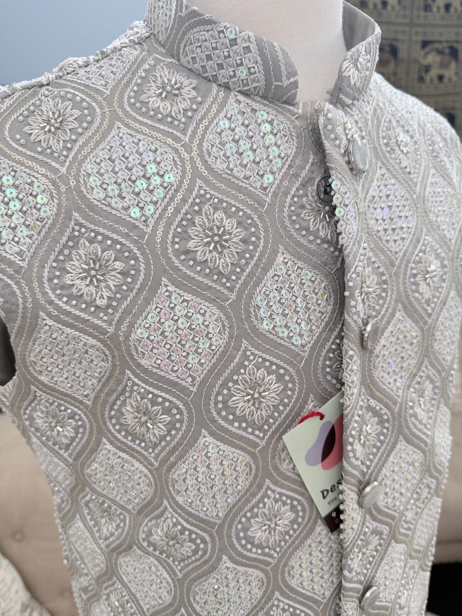 Luxury Gray Bead & Sequin Embroidered Jacket for Men – Heavy Thread Work Wedding Waistcoat | J-3033
