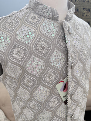 Luxury Gray Bead & Sequin Embroidered Jacket for Men – Heavy Thread Work Wedding Waistcoat | J-3033