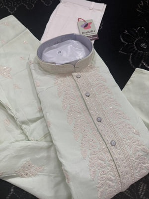 Ethnic Kurta Pajama Set for Men with Classic Embroidery on Neck & Placket – Festive Wedding Kurta Pant Outfit | KP-2064