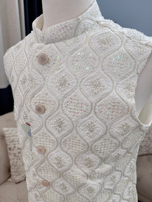 Luxury Cream Bead & Sequin Embroidered Nehru Jacket for Men – Heavy Thread Work Wedding Waistcoat | J-3034