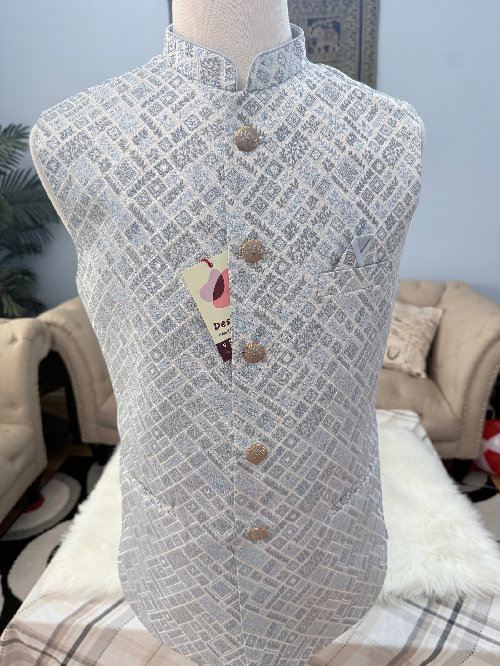 Men’s Pastel/Ice BluePink Nehru Jacket – Self Woven Silk Indian Sadri, Festive Wedding Waistcoat, Ethnic Modi Jacket for Men, J-3089
