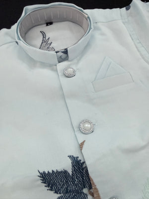 Boys Sky Blue Kurta Pajama with Embroidered Nehru Jacket | 3-Piece Indian Ethnic Outfit – Festive Ethnic Wear,- Design B-4035