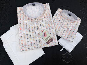 Ivory Cream 2-Piece Kurta Pajama Set – Father & Son Outfit | Premium Cotton Jacquard with Zari & Sequin Detailing, DM-2043