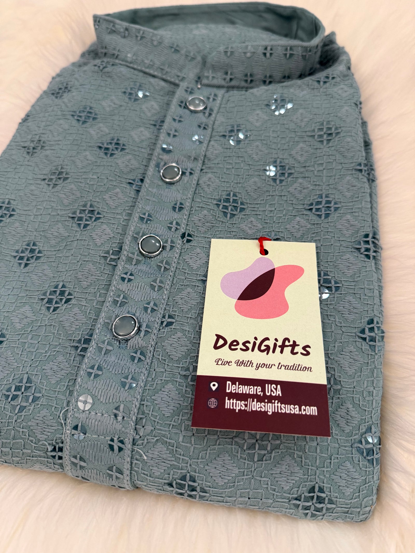 Gray Chikankari Shirt-Style Short Kurta with Sequins – Ethnic Casual Kurta SK - 1933