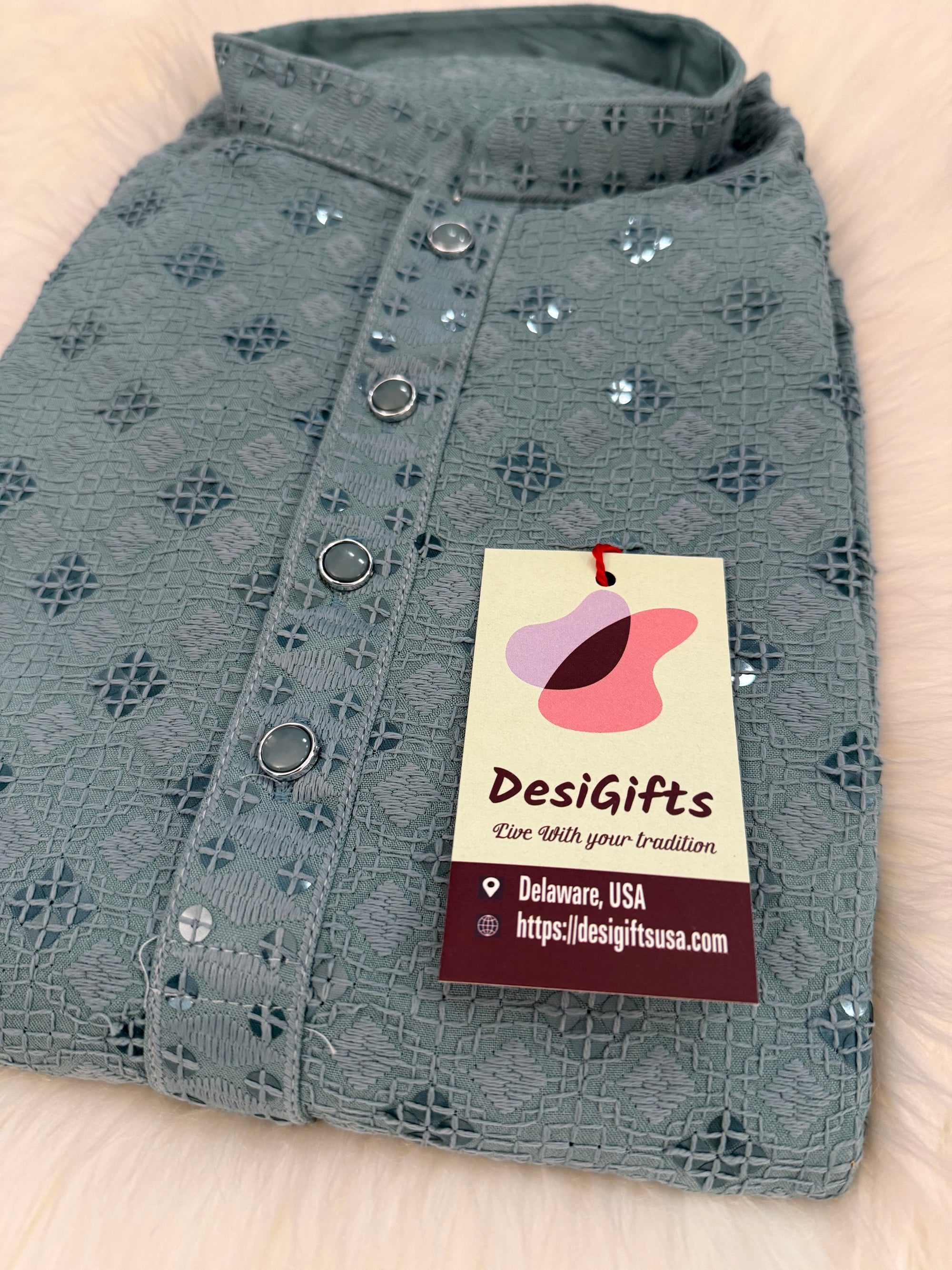 Gray Chikankari Shirt-Style Short Kurta with Sequins – Ethnic Casual Kurta SK - 1933