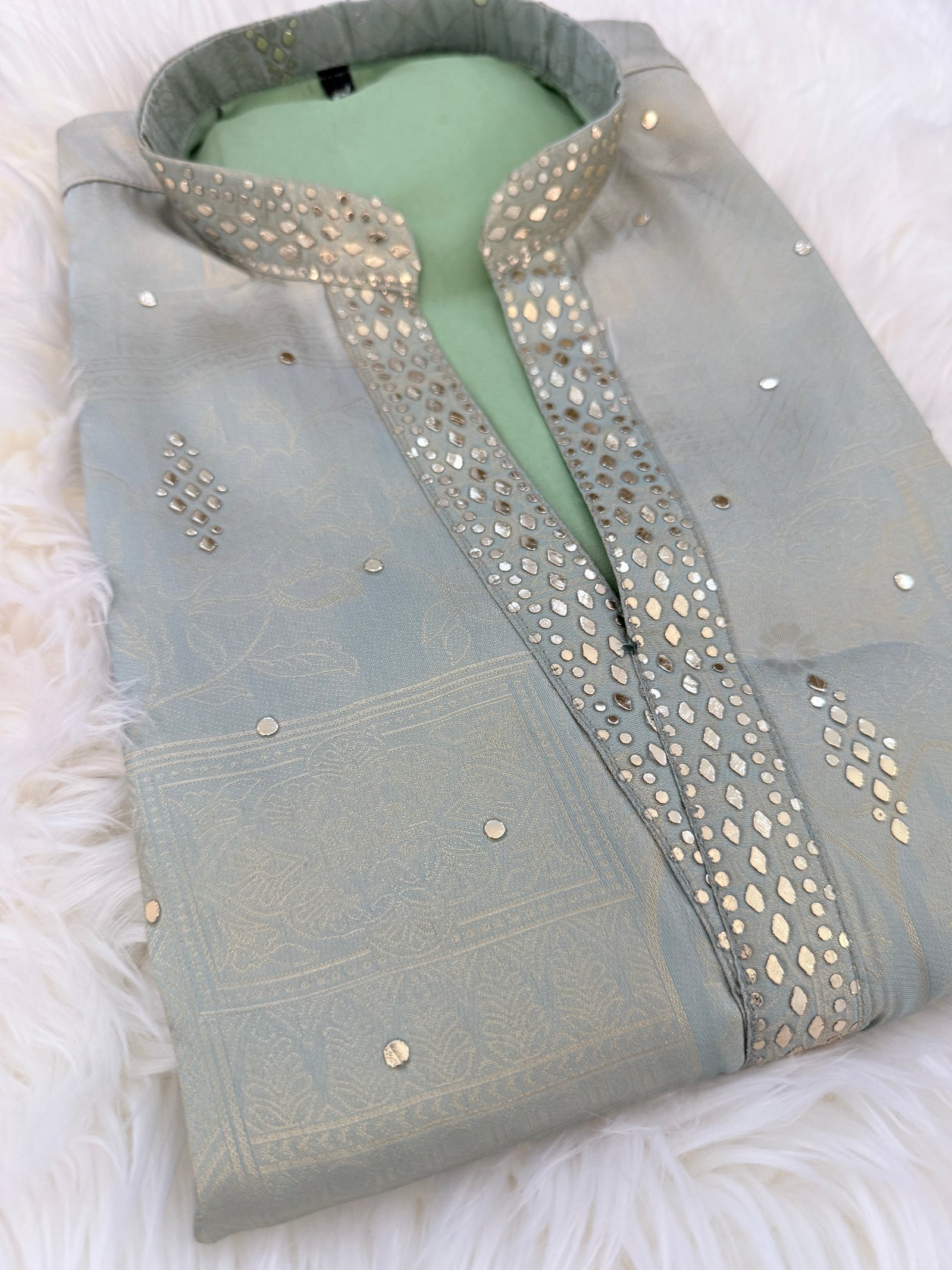Men’s Mint Green Shorter Kurta with Parallel Pants | Gold Embellished Jacquard Kurta Pajama Set | Indo-Western Wedding & Festive Kurta Set, KP - 4043