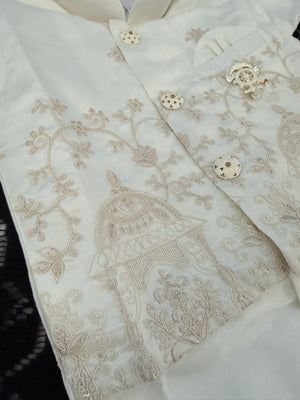 Boys Ivory Cream Kurta Pajama Set with Floral Embroidery Jacket | Dhoti and Pajama | Indian Wedding Festive Ethnic Wear for Kids, B-4058